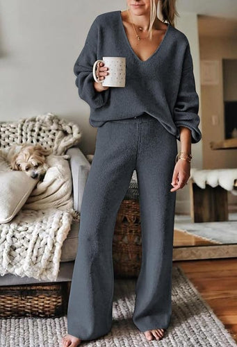 Casual Grey Knit V Neck Long Sleeve Top & Pants Set