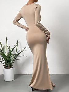 Comfort Knit Soft Pink Long Sleeve Fishtail Maxi Dress