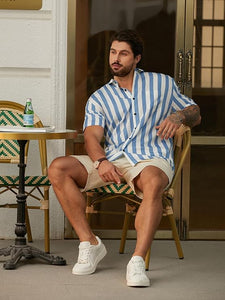 Men's Vacation Striped Summer Short Sleeve Blue Striped Shirt