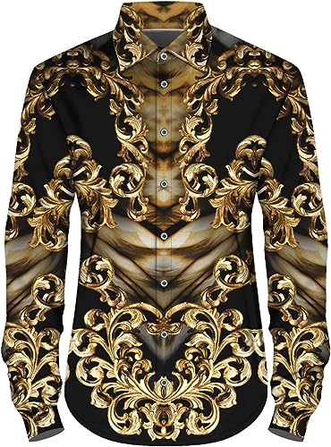 Men's Fashion Luxury Printed Black/Gold Flower Long Sleeve Shirt