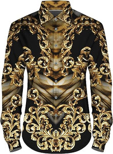 Men's Fashion Luxury Printed Black/Gold Flower Long Sleeve Shirt