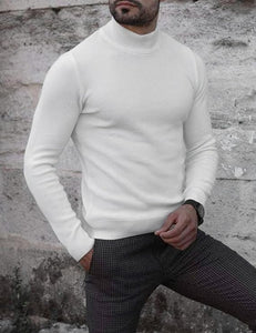 Men's White Soft Knit Mock Neck Long Sleeve Sweater