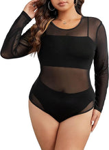 Load image into Gallery viewer, Plus Size Black Mesh Long Sleeve Bodysuit