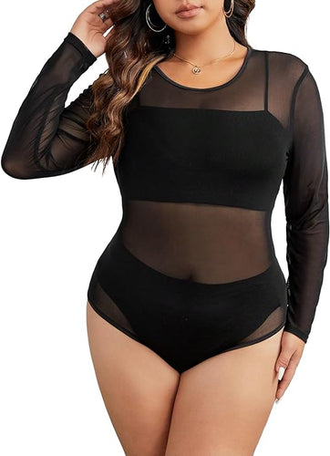 Plus Size Black Mesh Long Sleeve Bodysuit