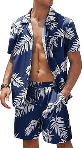 Men's Black/White Print Summer Button Up Shorts & Shirt Set