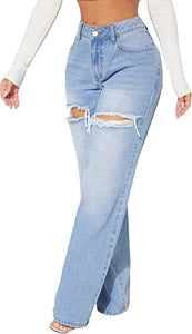 Cute Denim Blue Ripped Wide Leg Denim Pants