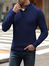 Load image into Gallery viewer, Men&#39;s Navy Blue Knit Button Front Long Sleeve Turtleneck Sweater