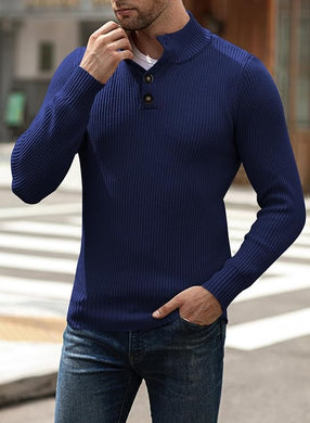Men's Navy Blue Knit Button Front Long Sleeve Turtleneck Sweater