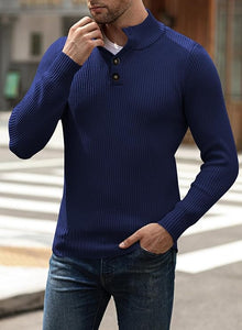 Men's White Knit Button Front Long Sleeve Turtleneck Sweater