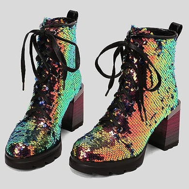 Lace Up Glitter Sequin 5.5cm-green Combat Boots
