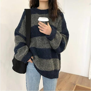 Striped Knit Loose Fit Red/Gray Long Sleeve Sweater