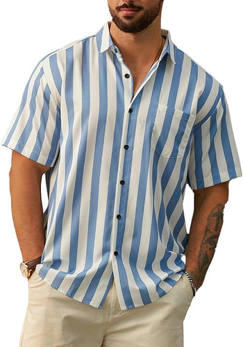 Men's Vacation Striped Summer Short Sleeve Blue Striped Shirt