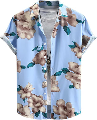 Men's Summer Floral Printed Short Sleeve A-light Blue Shirt