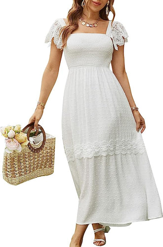 Summer White Linen Lace Sleeve Maxi Dress