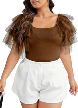 Load image into Gallery viewer, Plus Size Brown Tulle Mesh Ruffle Sleeve Top