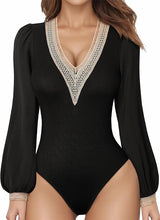 Load image into Gallery viewer, Lace Trim Black V Neck Puff Long Sleeve Bodysuit