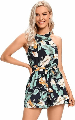 Halter Floral Green Sleeveless Shorts Romper