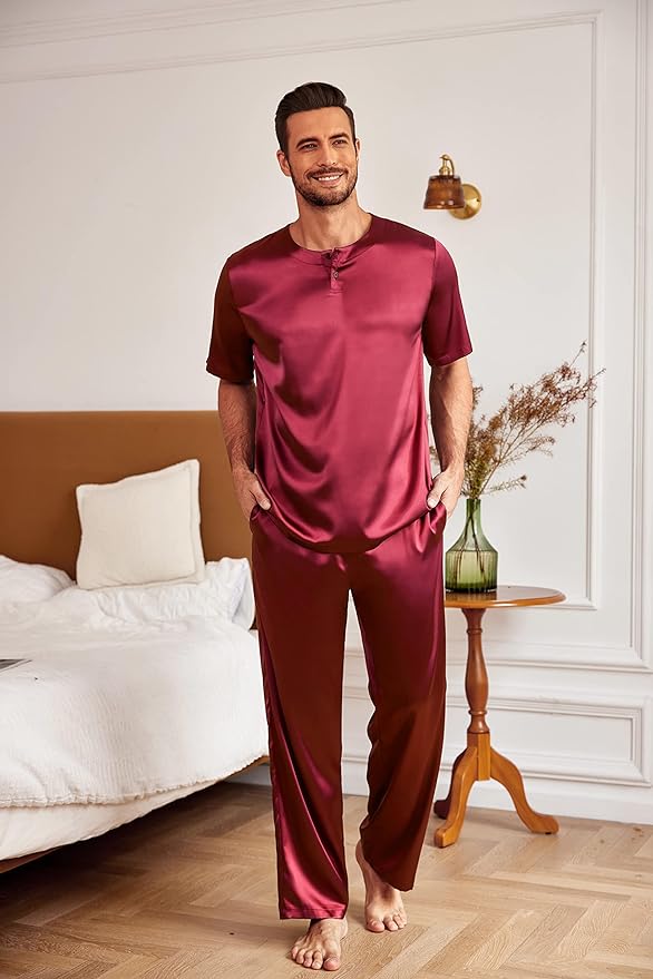 Men's Red Satin Silk Short Sleeve Shirt & Pants Pajamas Set