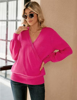Chic Loose Fit Magenta Long Sleeve Wrap Sweater