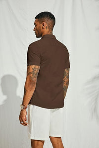 Men's Cuban Style Striped Short Sleeve Coffee Shirt