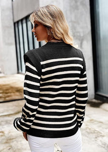 Casual Knit Black Striped Lantern Sleeve Knit Sweater