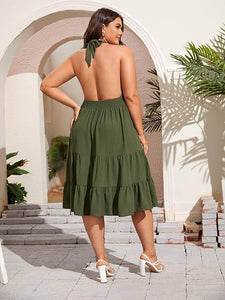 Plus Size Olive Green Halter Midi Dress