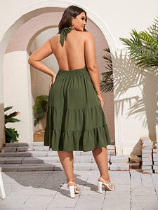 Summer Chic Plus Size Green Floral Halter Mini Dress