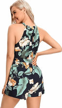 Load image into Gallery viewer, Halter Floral Blue Sleeveless Shorts Romper