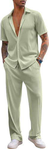 Men's Soft Knit Green Short Sleeve Button Shirt & Pants Set