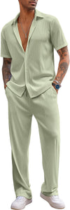 Men's Soft Knit White Short Sleeve Button Shirt & Pants Set