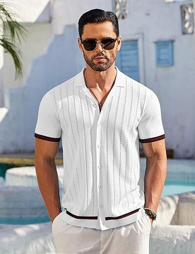 Men's Knitted Button Down White Short Sleeve Shirt