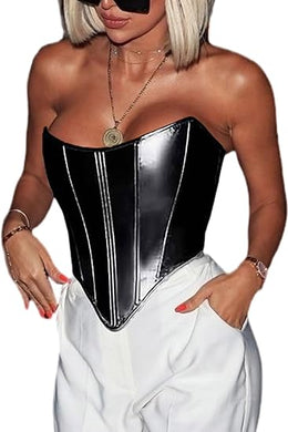 Modern Faux Leather Structured Corset Black Top