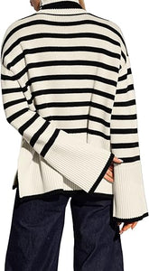 Fall Chic Striped Turtleneck Long Sleeve Beige Sweater