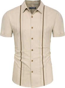 Men's Cuban Style Striped Short Sleeve Linen-apricot Shirt