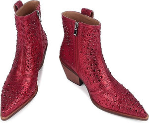 Cowboy Style Rhinestone Sequin Red Ankle Boots