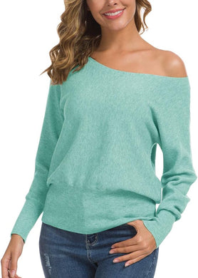Soft Knit Mint Green Off Shoulder Long Sleeve Winter Sweater