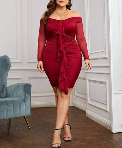Plus Size Red Off Shoulder Ruffled Mini Dress