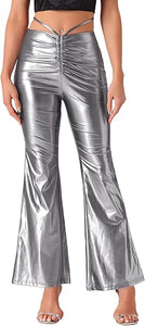 Silver Ruched Drawstring Flare Pants