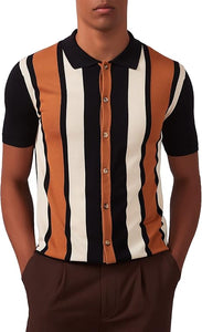 Men's Golf Style Striped Short Sleeve Black Shirt