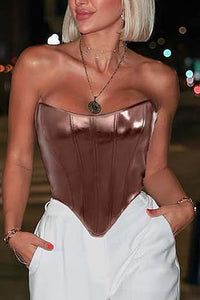 Modern Faux Leather Structured Corset Silver Top