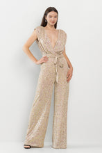 Load image into Gallery viewer, London Chic Emerald Green Deep V Power Shoulder Sequined Jumpsuit