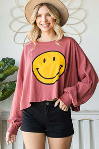 Smiley Face Mocha Long Sleeve Crop Top