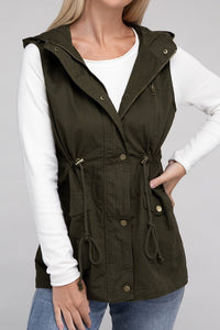 Burgundy Red Drawstring Waist Military Style Hoodie Vest