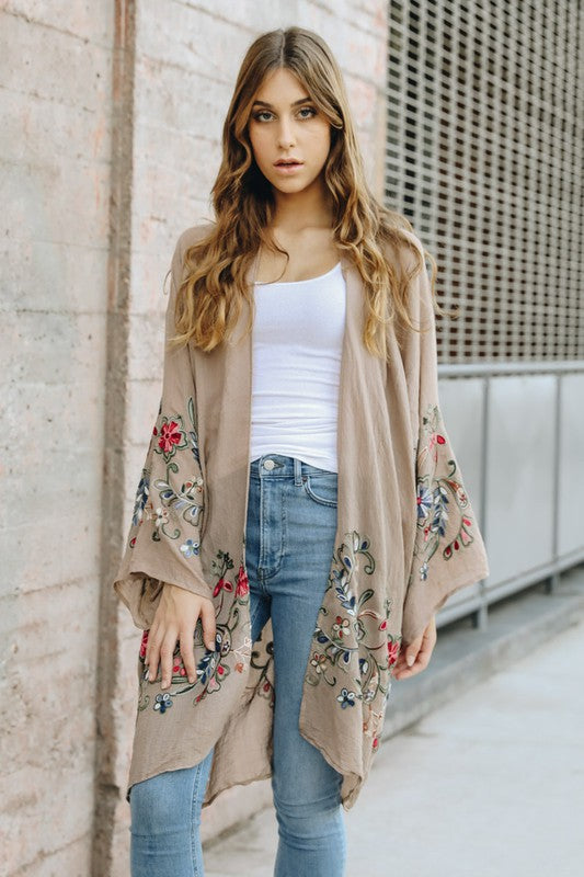 Adorned Floral Long Sleeve Kimono Cardigan