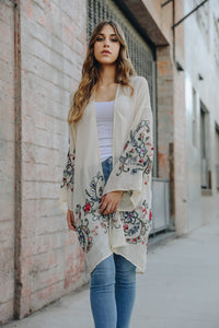 Adorned Floral Long Sleeve Kimono Cardigan