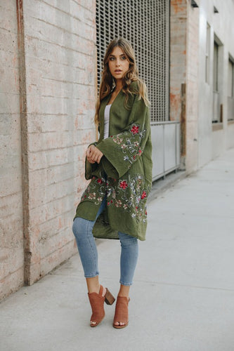 Adorned Floral Long Sleeve Kimono Cardigan