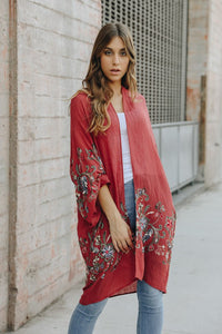 Adorned Floral Long Sleeve Kimono Cardigan