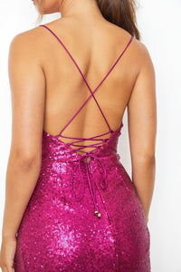 Fuschia Pink Sequin Cowl Front Bodycon Dress