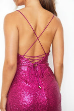 Load image into Gallery viewer, Fuschia Pink Sequin Cowl Front Bodycon Dress