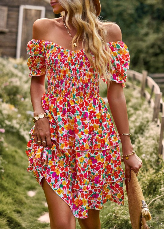 Boho Floral Yellow Square Neck Short Sleeve Dress